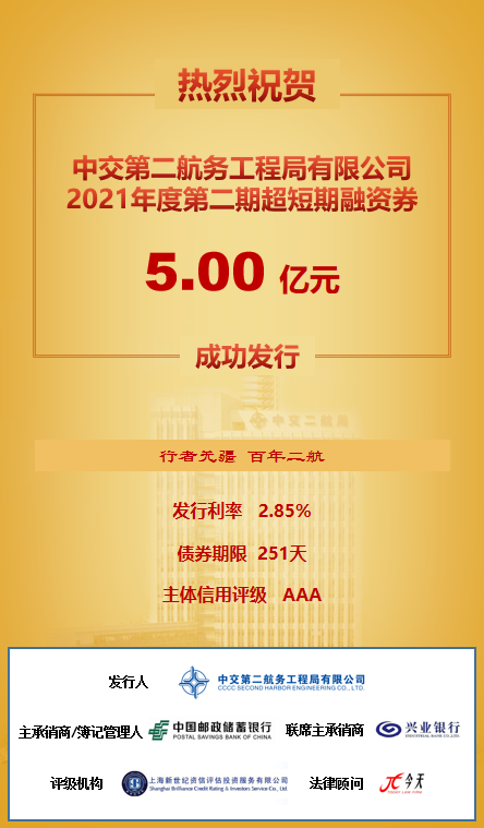 中交二航局2021年第二期超短期融资券成功发行