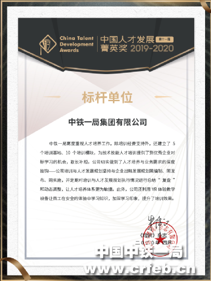 中铁一局荣获第11届“中国人才发展菁英奖——标杆单位奖”
