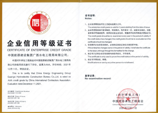 中能建广西水电公司首次获评2021年度中国对外承包企业AAA级信用评价等级