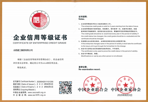合肥建工荣获“企业信用评价AAA级信用企业”等级认证