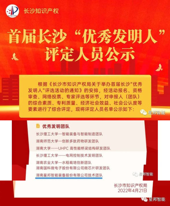 科技兴邦！星邦智能上榜长沙市首届“优秀发明团队”