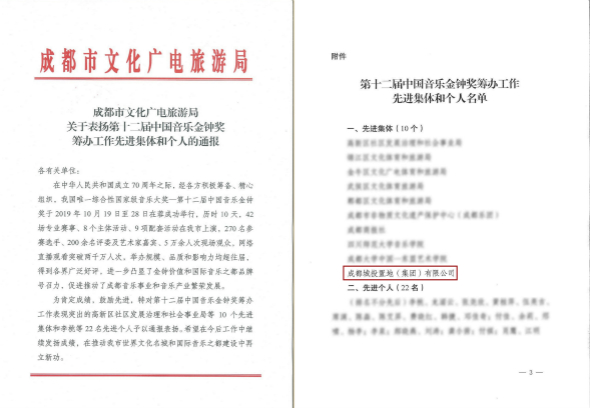 置地集团荣获“第十二届中国音乐金钟奖筹办工作先进集体”荣誉称号