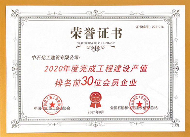 中石化工公司2020年度完成工程建设产值行业排名第十六位