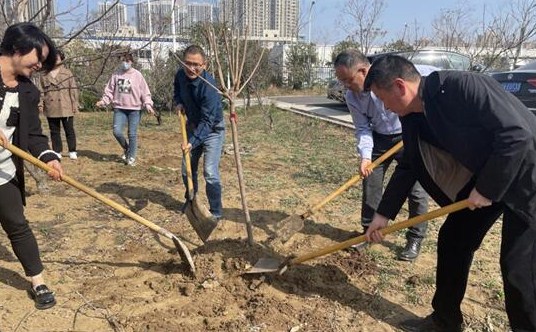 党旗飘扬学雷锋志愿植树添新绿