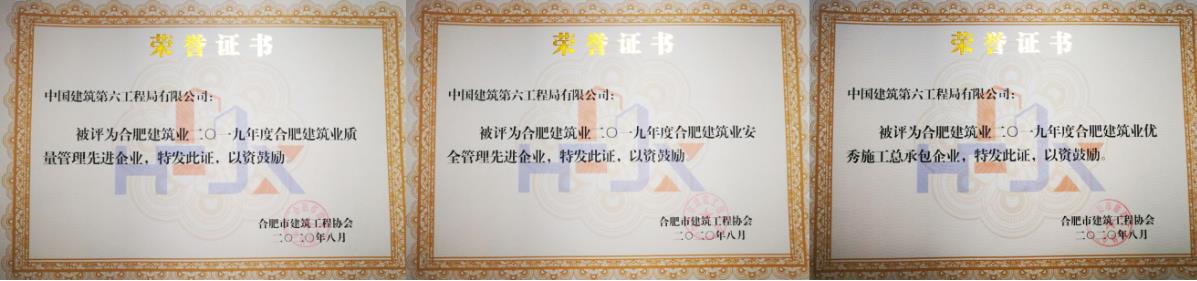 中建六局荣获“2019年度合肥建筑业优秀施工总承包企业”等多项荣誉称号