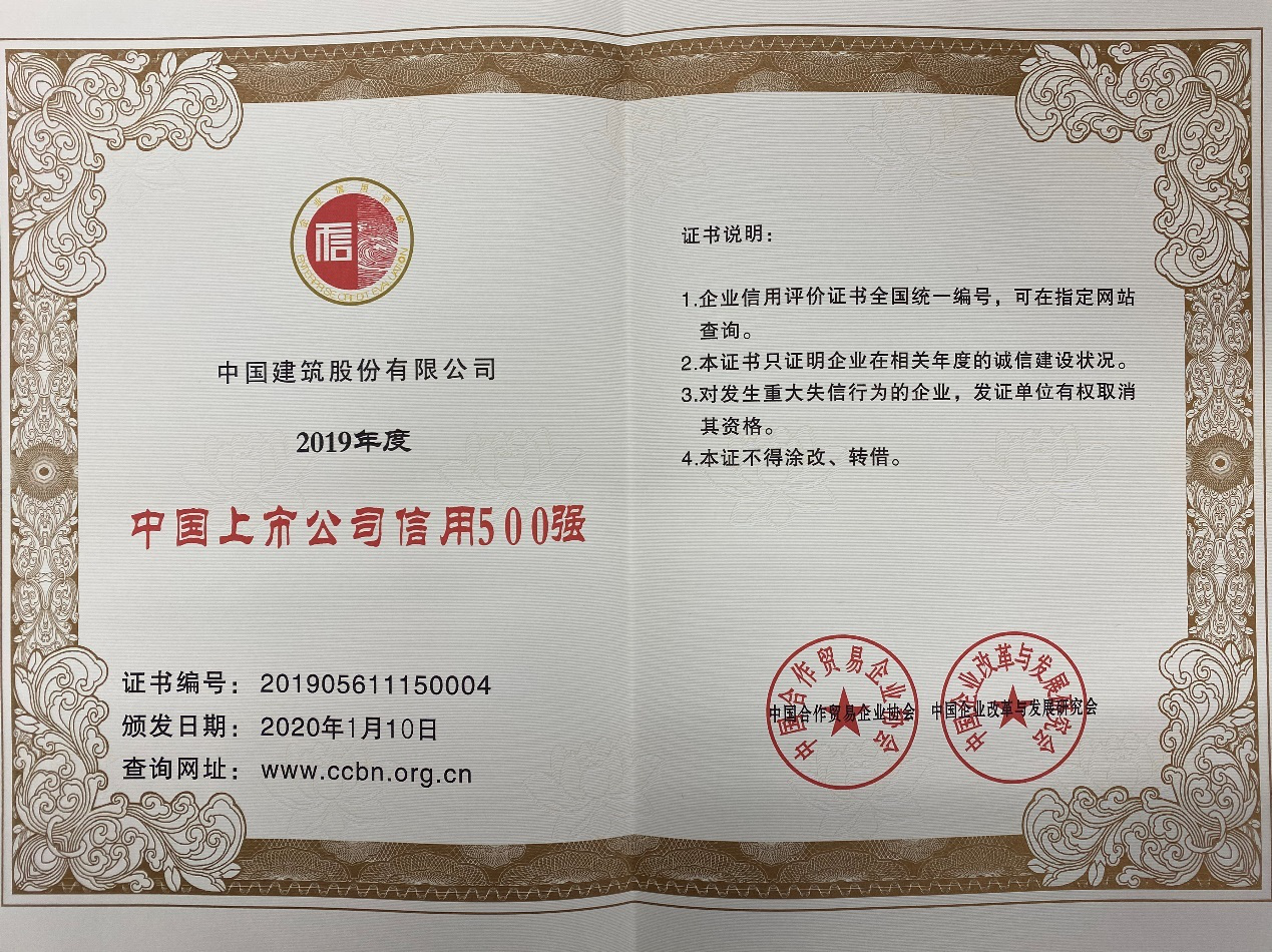 中国建筑位居2019中国上市公司信用500强第四名、中国企业信用500强第五名