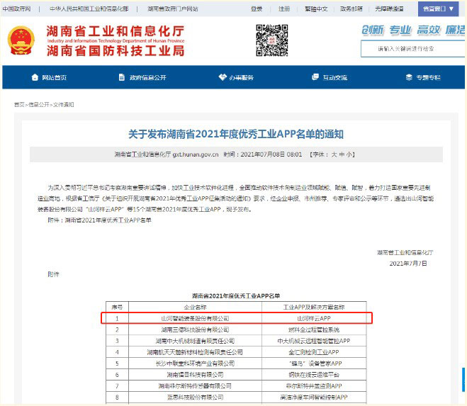“山河祥云”APP荣获湖南省年度优秀工业APP