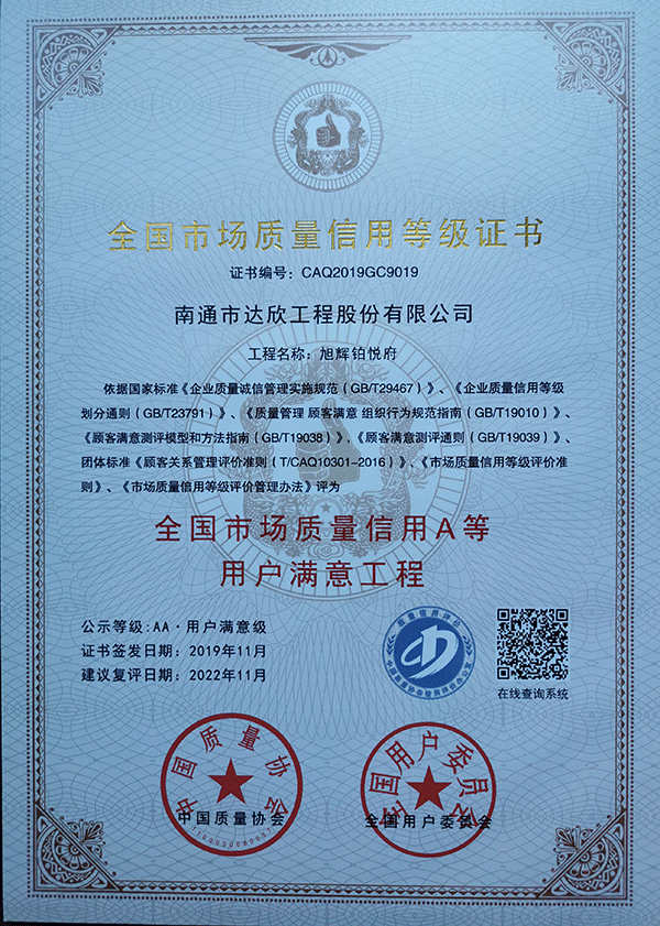 独中三元 ▏集团三项目荣获“2019全国市场质量信用A等用户满意工程”