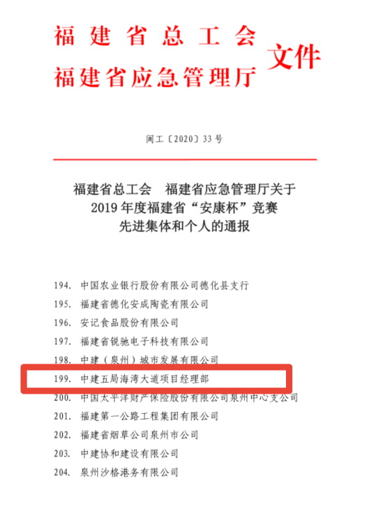 土木公司泉州海湾大道项目荣获2019年福建省“安康杯”先进单位荣誉