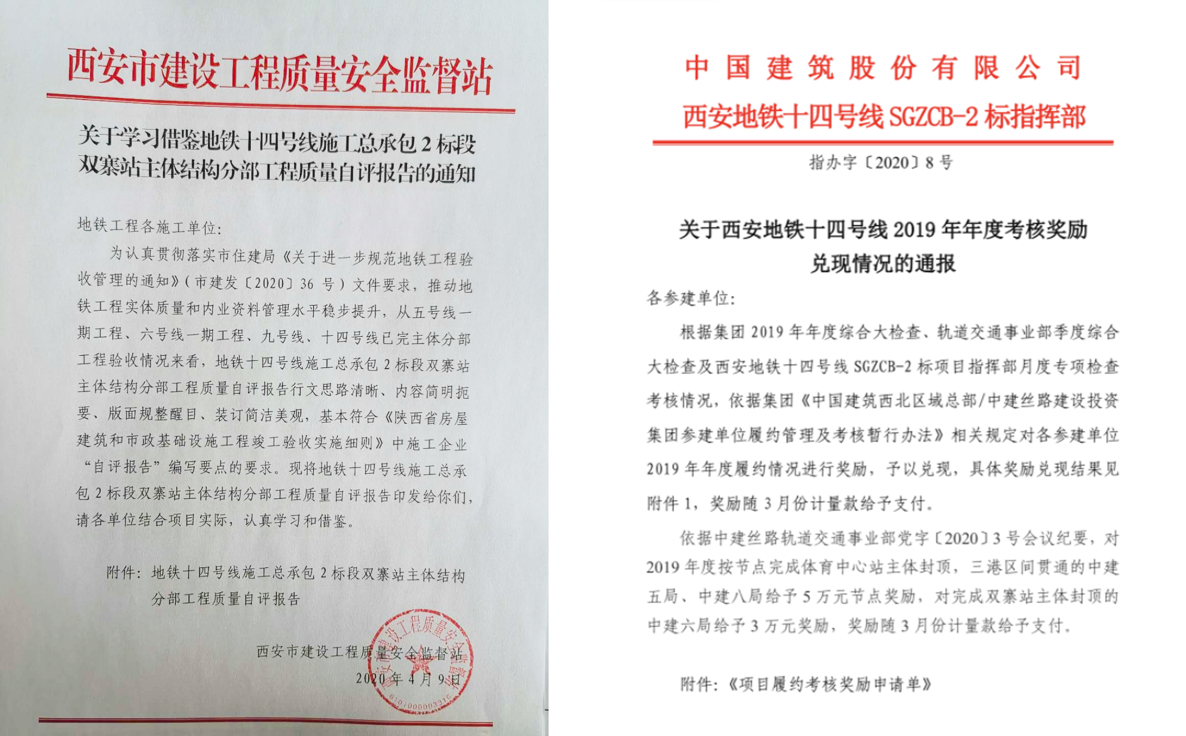 中建六局轨道公司西安地铁14号线2标项目高质量履约荣获西安质督站通报表扬及股份指挥部奖励